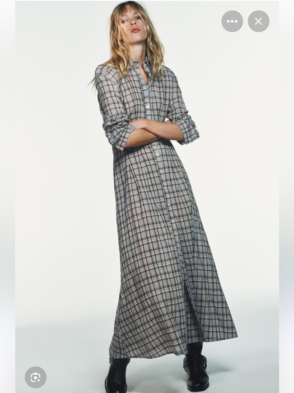 ZARA Plaid Button-Front Maxi Dress in Gray and Brown